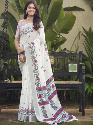 Marabout Digital Print Bollywood Cotton Linen Saree(White)