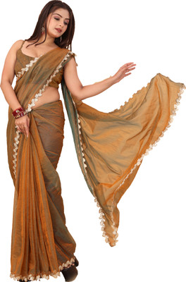 Vivrat Solid/Plain Bollywood Jimmy choo Saree(Gold)