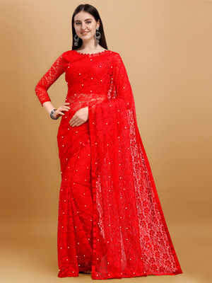 LOROFY Embellished Lucknow Chikankari Net, Lycra Blend Saree(Red)
