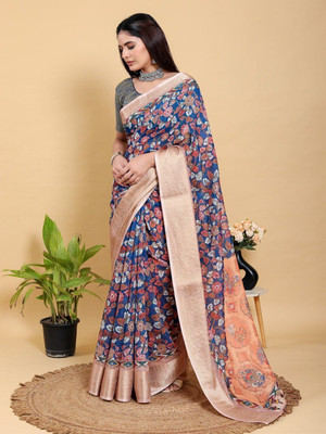 Laxmi Fashion Printed, Floral Print Kalamkari Jacquard, Cotton Silk Saree(Blue, Multicolor)