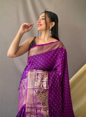 SUDIPTA Woven, Embellished, Self Design Banarasi Pure Silk Saree(Purple)