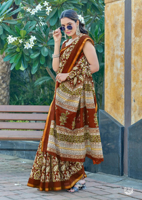 Divastri Floral Print Chanderi Cotton Blend Saree(Brown)