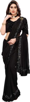 Suali Embellished, Solid/Plain Bollywood Lycra Blend Saree(Black)