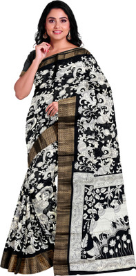 OST Printed, Floral Print, Woven, Temple Border Kalamkari Cotton Silk Saree(Black)