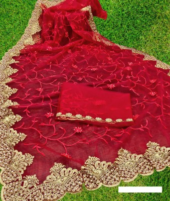 KHRITI FAB Embroidered Bollywood Net Saree(Red)