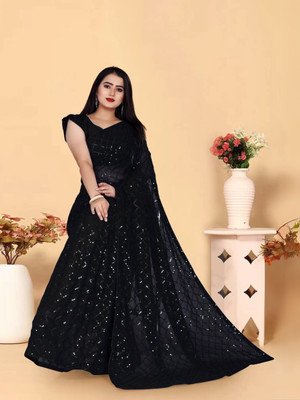 Clemira Checkered, Embellished Bollywood Georgette Saree(Black)