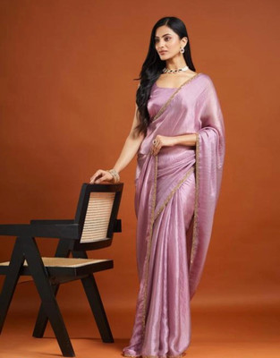 Telzip Solid/Plain, Embellished Bollywood Chiffon Saree(Pink, Purple)