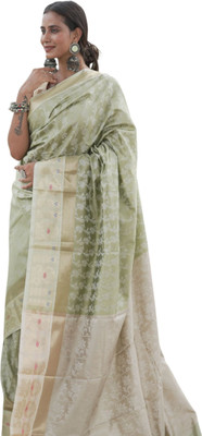 mynok Woven, Floral Print, Self Design Banarasi Handloom Cotton Linen Saree(Light Green)