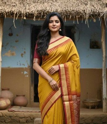 Afronza Solid/Plain, Temple Border, Woven, Tie-Dye Sambalpuri Silk Blend, Pure Silk Saree(Mustard, Red)