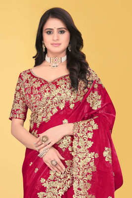 Brahmani Creation Embroidered Banarasi Georgette Saree(Red)
