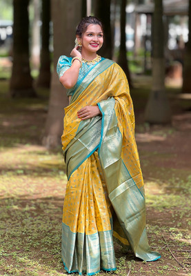 all about you Woven Banarasi Silk Blend Saree(Yellow)