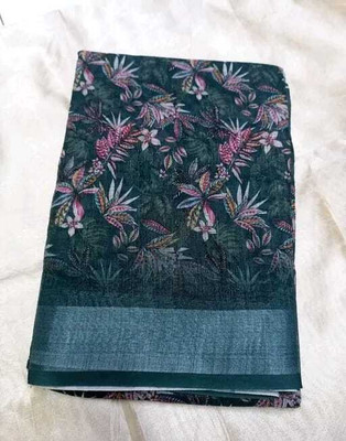 Jainam Enterprise Digital Print Bandhani Cotton Linen Saree(Dark Green)