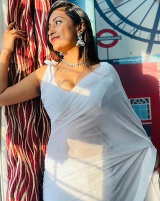 HouseOfCommon Solid/Plain Daily Wear Organza, Chiffon Saree(White)