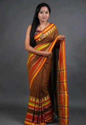 Maatarasaree Solid/Plain Bollywood Cotton Blend Saree(Brown)