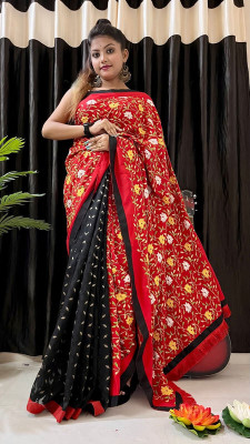 Ramisha Sarees Woven Jamdani Cotton Silk Saree(Black, Red)
