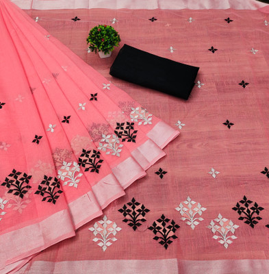 GLOWMOROUS Embroidered Handloom Cotton Linen Saree(Magenta)