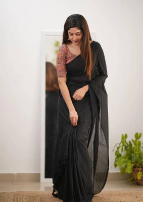 TWIRL Solid/Plain Handloom Pure Cotton Saree(Black)