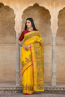 Vinayak Textile Printed Daily Wear Cotton Linen Saree(Yellow)