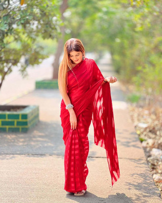 Moda Rapido Self Design, Striped, Ombre Bollywood Satin Saree(Red)