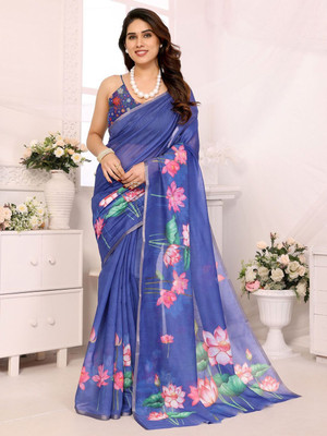 Moda Rapido Floral Print Bollywood Silk Blend Saree(Blue)