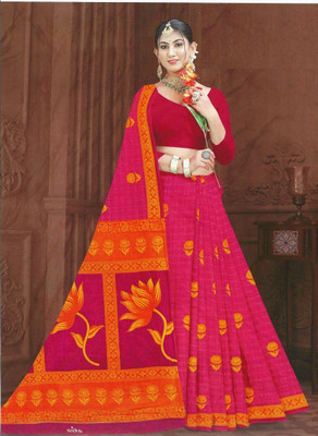 Jalal Checkered, Printed Daily Wear Pure Cotton Saree(Pink, Magenta)