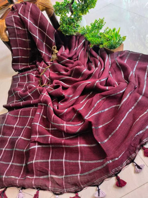 AMIT STORE Self Design Handloom Cotton Linen Saree(Maroon)