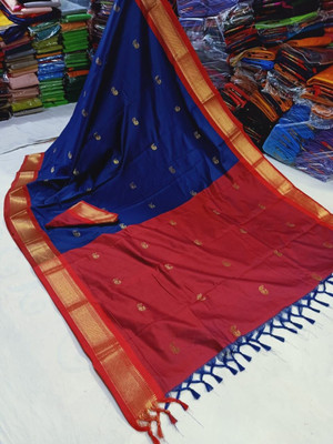 Fab Silk Embroidered Kanjivaram Silk Blend Saree(Dark Blue, Red)