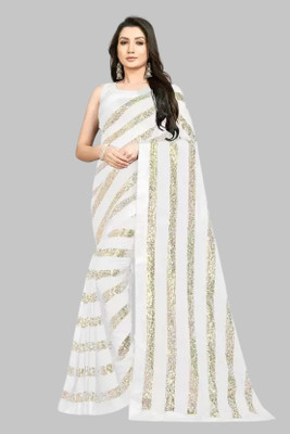 Aika Embellished, Striped Bollywood Georgette Saree(White)