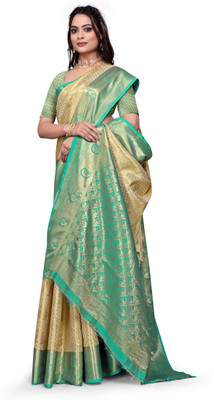 FABFIZA Solid/Plain Banarasi Chiffon, Silk Blend Saree(Cream, Green)