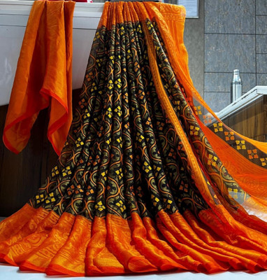 Bombey Velvat Fab Floral Print Chanderi Chiffon, Brasso Saree(Black)