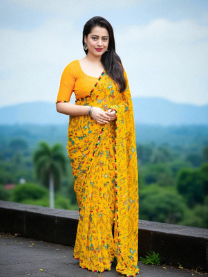 JMDF Printed Bollywood Georgette Saree(Yellow)