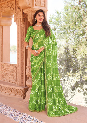 Laxmipati sarees Geometric Print Saree with Attached Blouse Chiffon Saree(Green)