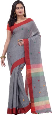 PuJoy Woven Handloom Pure Cotton Saree(Grey)