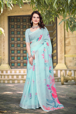 Vinayak Textile Printed Bollywood Linen Saree(Light Blue)
