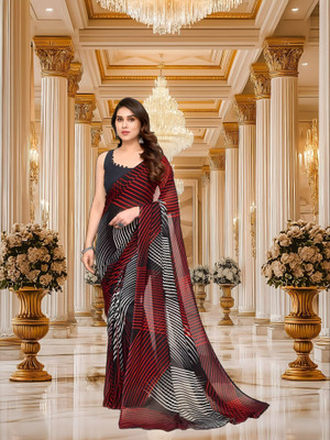 SmittenSmit Printed Bollywood Georgette Saree(Black, White, Red)