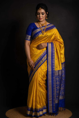 Sijileen Temple Border, Woven Sambalpuri Art Silk Saree(Gold)