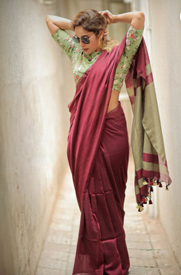 SARADA HANDLOOM Solid/Plain Daily Wear Pure Cotton Saree(Maroon)