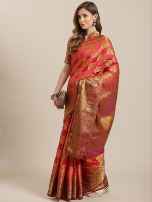 Divastri Woven, Printed Banarasi Cotton Silk Saree(Pink)