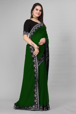 jay bajarang fab Dyed, Solid/Plain, Self Design, Temple Border, Embroidered, Embellished Bollywood Chanderi Saree(Green)