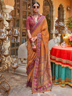 ANOUK Printed Kanjivaram Silk Blend Saree(Orange)
