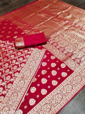 SNH EXPORT Self Design, Woven Banarasi Jacquard, Silk Blend Saree(Maroon)