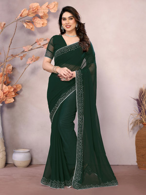 AVANTIKA FASHION Embellished, Woven, Solid/Plain Bollywood Georgette, Art Silk Saree(Green)