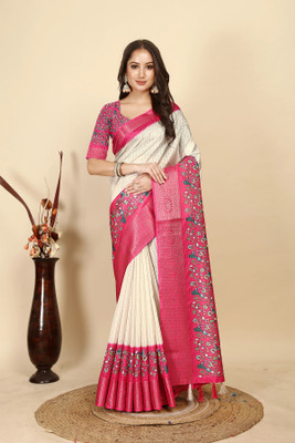 J6 Designers Checkered Bollywood Cotton Blend Saree(White)