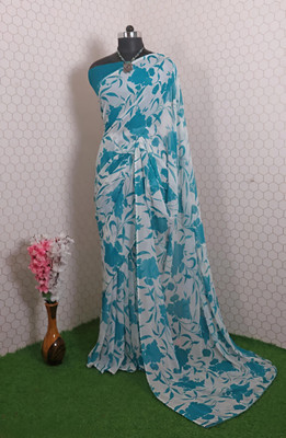 Grubstaker Printed Daily Wear Georgette Saree(Light Blue)