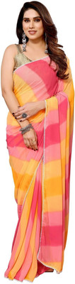 ROOP SUNDARI SAREES Striped, Printed Daily Wear Georgette Saree(Multicolor, Yellow)