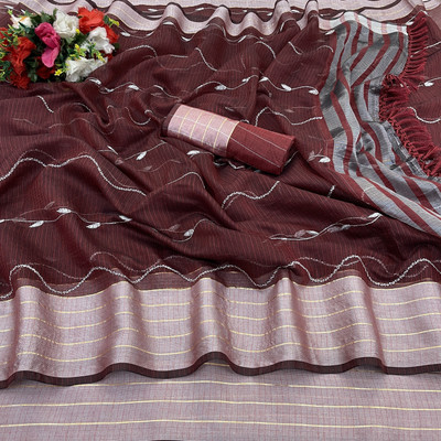 Vikash fab Embroidered Chettinadu Linen Saree(Maroon)