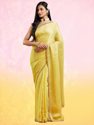 Croza Solid/Plain Bollywood Organza, Pure Silk Saree(Yellow)
