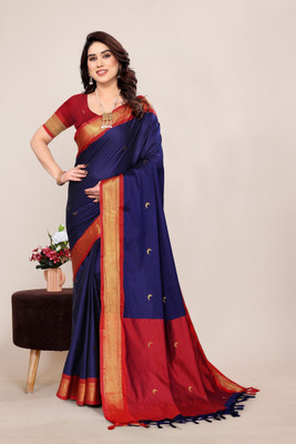 Fab Silk Self Design Saree with Attached Blouse Cotton Silk Saree(Dark Blue, Red)