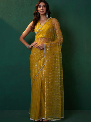 Sangria Embellished Daily Wear Net Saree(Yellow)