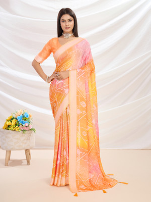 RekhaManiyar Printed Bollywood Crepe Saree(Orange)